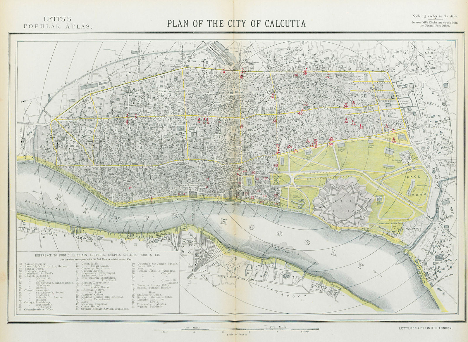 CALCUTTA KOLKATA antique town city map plan. Public buildings. LETTS 1883